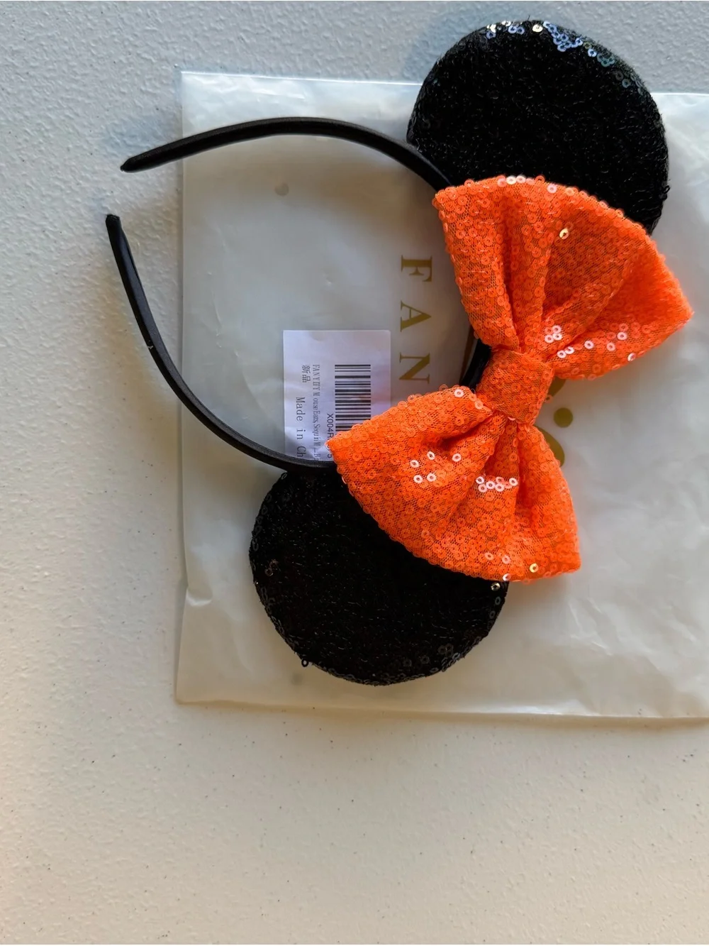 Sequin Halloween Minnie Ear Headband with Orange Bow